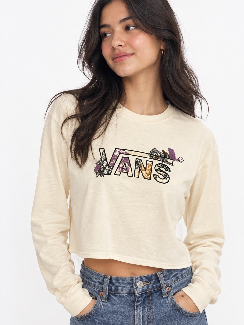 Vans Cream Floral Logo Long Sleeve Crop Tee